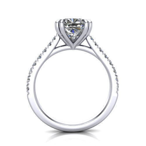 Paisley cushion solitaire engagement ring in 18K White Gold with double-prong head and pavé band, through-finger front profile