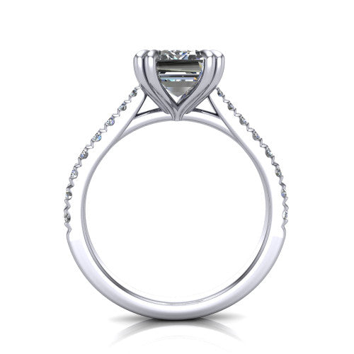 Paisley emerald solitaire engagement ring in Platinum with double-prong head and pavé band, through-finger front profile