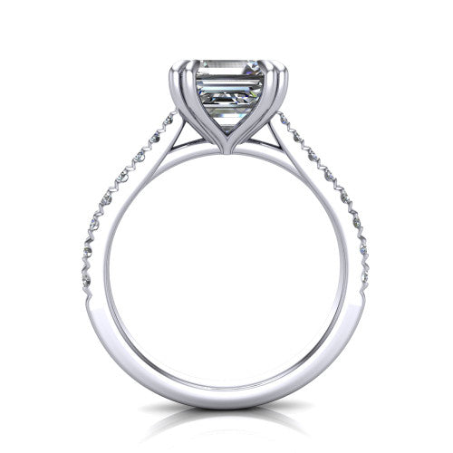 Paisley asscher solitaire engagement ring in 18K White Gold with double-prong head and pavé band, through-finger front profile