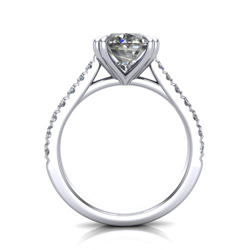 Paisley oval solitaire engagement ring in 18K White Gold with double-prong head and pavé band, through-finger front profile