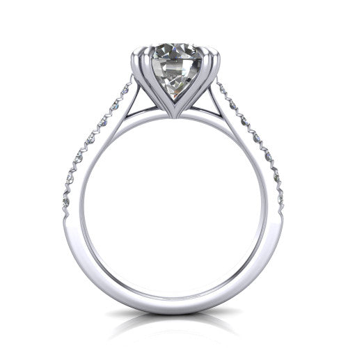 Paisley round solitaire engagement ring in Platinum with double-prong head and pavé band, through-finger front profile