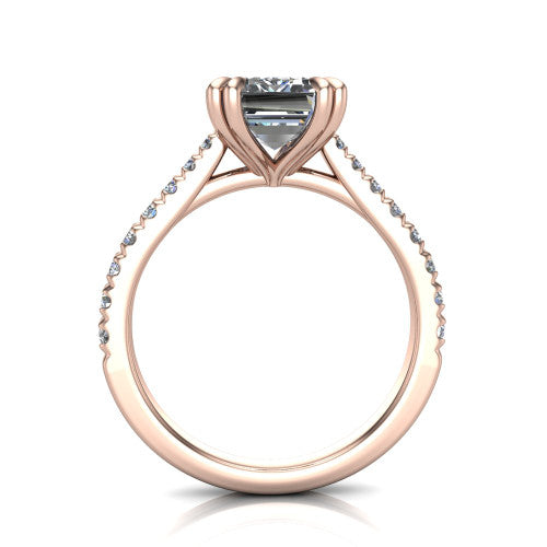 Paisley emerald solitaire engagement ring in 18K Rose Gold with double-prong head and pavé band, through-finger front profile