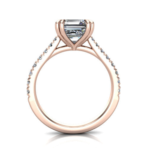 Paisley asscher solitaire engagement ring in 18K Rose Gold with double-prong head and pavé band, through-finger front profile