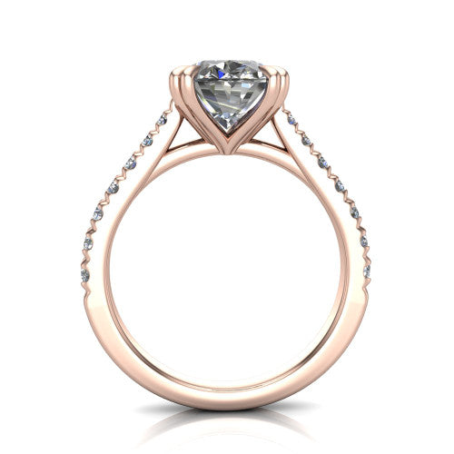Paisley oval solitaire engagement ring in 18K Rose Gold with double-prong head and pavé band, through-finger front profile