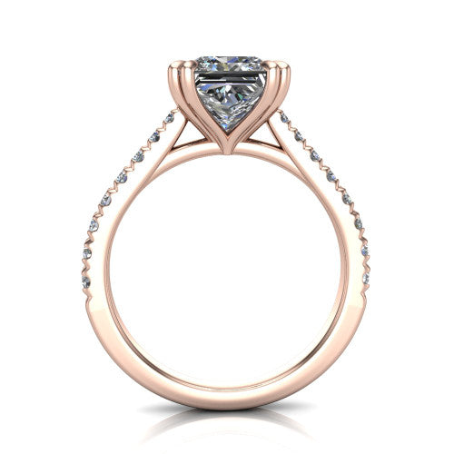 Paisley princess solitaire engagement ring in 14K Rose Gold with double-prong head and pavé band, through-finger front profile