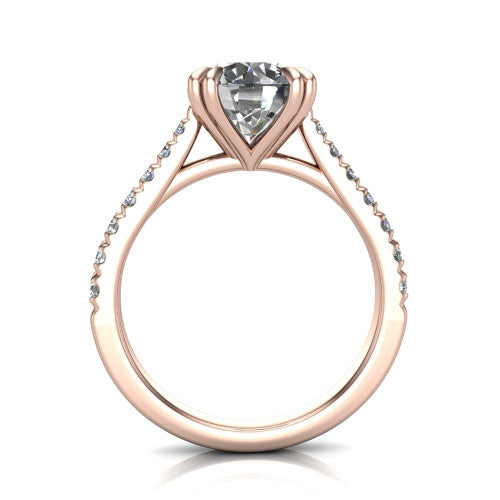 Paisley round solitaire engagement ring in 14K Rose Gold with double-prong head and pavé band, through-finger front profile