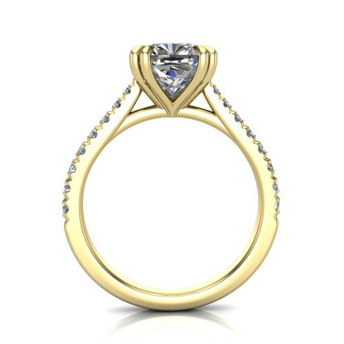 Paisley cushion solitaire engagement ring in 18K Yellow Gold with double-prong head and pavé band, through-finger front profile