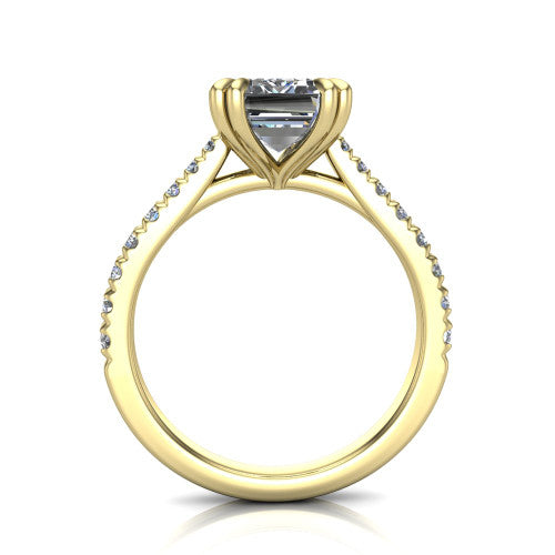 Paisley emerald solitaire engagement ring in 14K Yellow Gold with double-prong head and pavé band, through-finger front profile