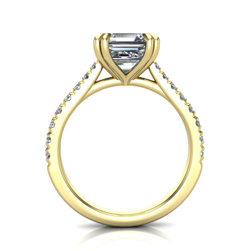 Paisley asscher solitaire engagement ring in 18K Yellow Gold with double-prong head and pavé band, through-finger front profile