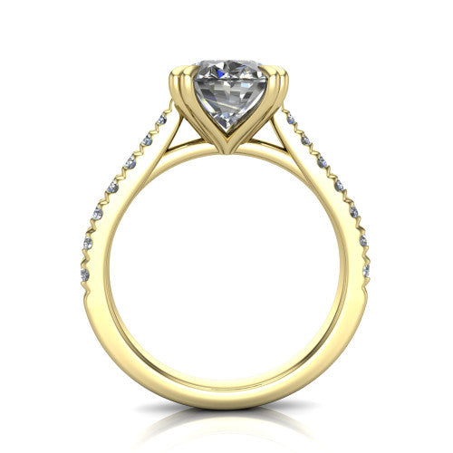 Paisley oval solitaire engagement ring in 18K Yellow Gold with double-prong head and pavé band, through-finger front profile