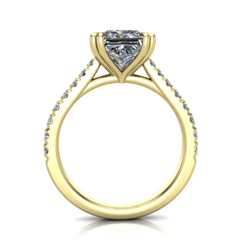 Paisley princess solitaire engagement ring in 18K Yellow Gold with double-prong head and pavé band, through-finger front profile