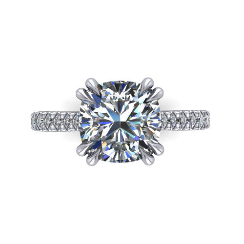 Paisley cushion solitaire engagement ring in 18K White Gold with double-prong head and pavé band, top-down view of the double-prong head and pavé band