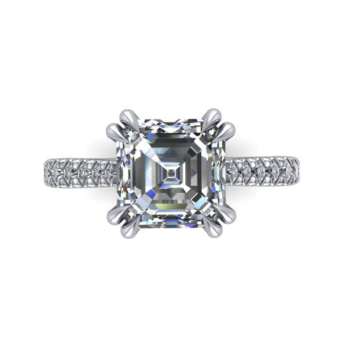 Paisley asscher solitaire engagement ring in Platinum with double-prong head and pavé band, top-down view of the double-prong head and pavé band