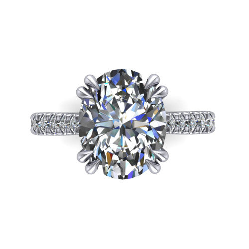 Paisley oval solitaire engagement ring in Platinum with double-prong head and pavé band, top-down view of the double-prong head and pavé band
