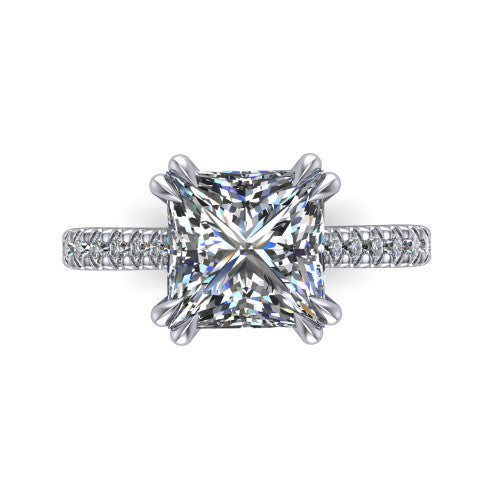 Paisley princess solitaire engagement ring in Platinum with double-prong head and pavé band, top-down view of the double-prong head and pavé band