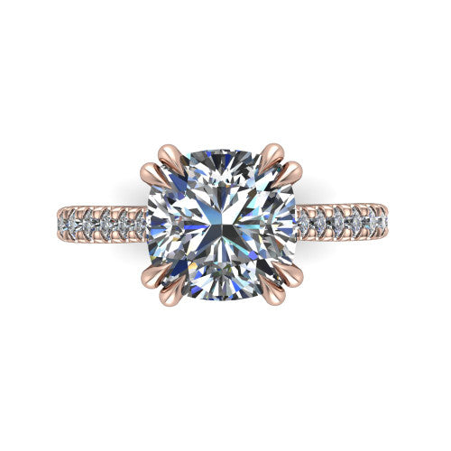 Paisley cushion solitaire engagement ring in 14K Rose Gold with double-prong head and pavé band, top-down view of the double-prong head and pavé band