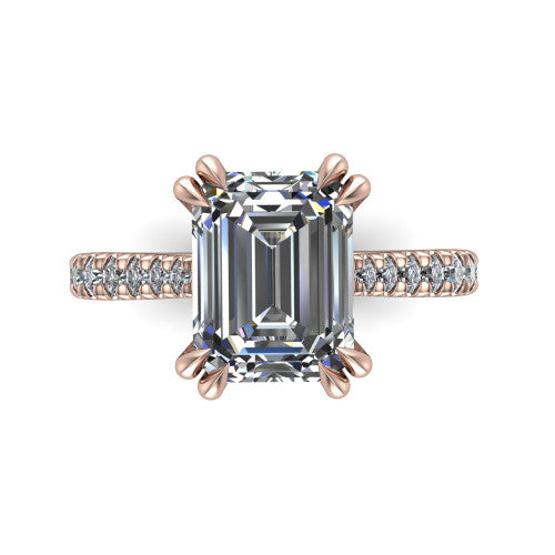 Paisley emerald solitaire engagement ring in 18K Rose Gold with double-prong head and pavé band, top-down view of the double-prong head and pavé band