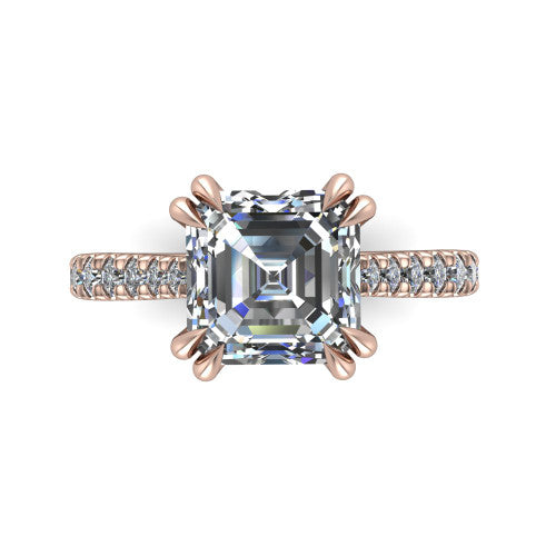 Paisley asscher solitaire engagement ring in 18K Rose Gold with double-prong head and pavé band, top-down view of the double-prong head and pavé band