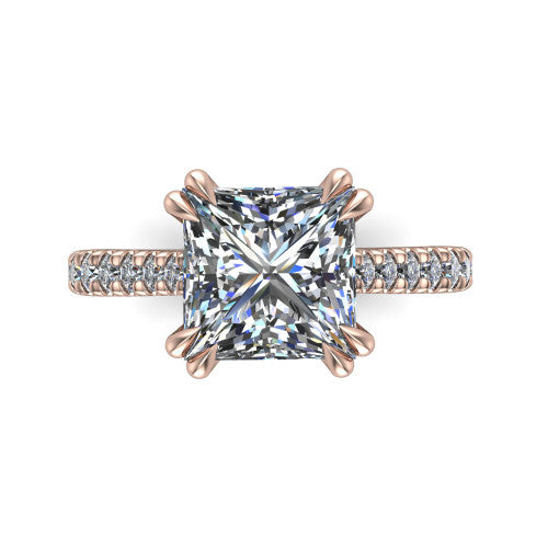 Paisley princess solitaire engagement ring in 14K Rose Gold with double-prong head and pavé band, top-down view of the double-prong head and pavé band