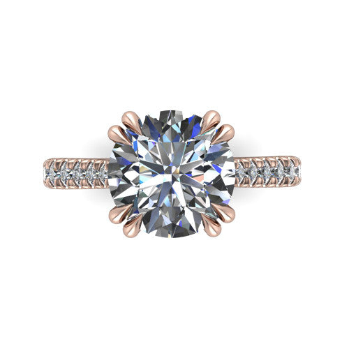 Paisley round solitaire engagement ring in 14K Rose Gold with double-prong head and pavé band, top-down view of the double-prong head and pavé band