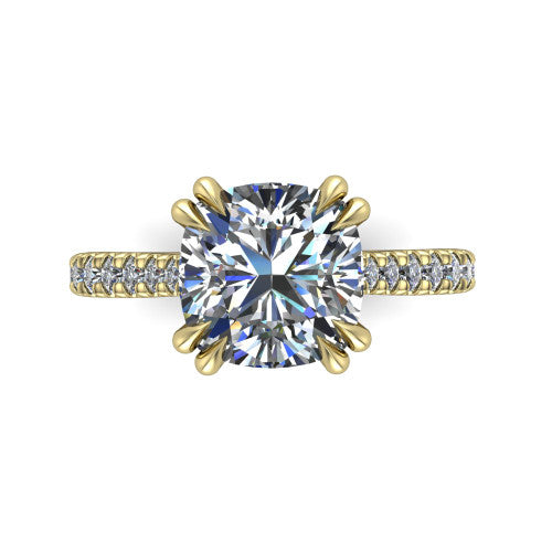 Paisley cushion solitaire engagement ring in 14K Yellow Gold with double-prong head and pavé band, top-down view of the double-prong head and pavé band