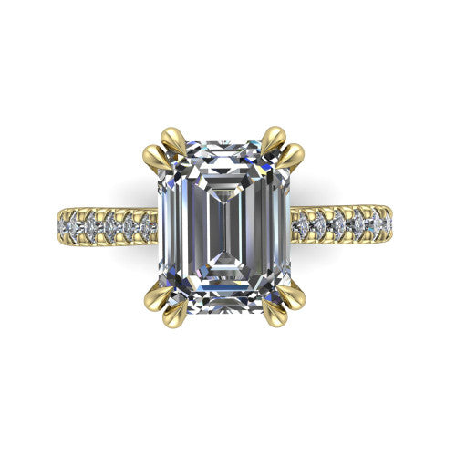 Paisley emerald solitaire engagement ring in 14K Yellow Gold with double-prong head and pavé band, top-down view of the double-prong head and pavé band