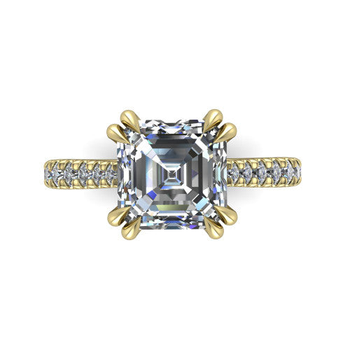 Paisley asscher solitaire engagement ring in 18K Yellow Gold with double-prong head and pavé band, top-down view of the double-prong head and pavé band