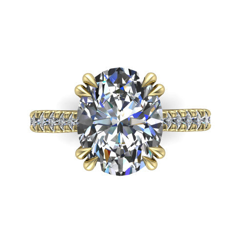 Paisley oval solitaire engagement ring in 14K Yellow Gold with double-prong head and pavé band, top-down view of the double-prong head and pavé band