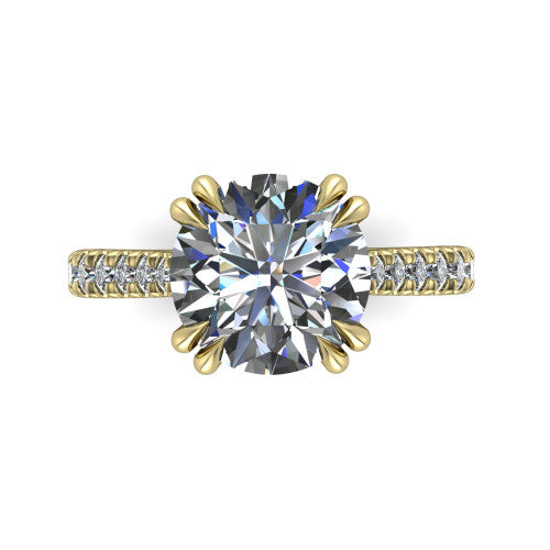Paisley round solitaire engagement ring in 18K Yellow Gold with double-prong head and pavé band, top-down view of the double-prong head and pavé band