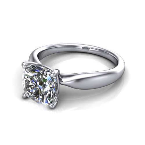 Natalie cushion solitaire engagement ring in 14K White Gold on a tapered plain band, three-quarter perspective view