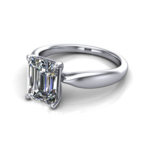 Natalie emerald solitaire engagement ring in Platinum on a tapered plain band, three-quarter perspective view