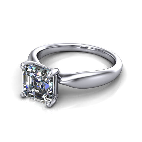 Natalie asscher solitaire engagement ring in 18K White Gold on a tapered plain band, three-quarter perspective view