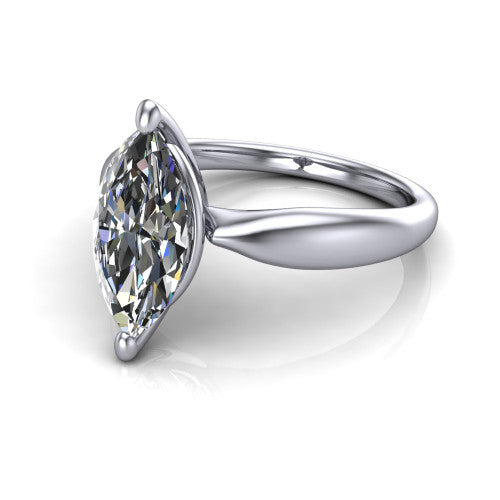 Natalie marquise solitaire engagement ring in Platinum on a tapered plain band, three-quarter perspective view