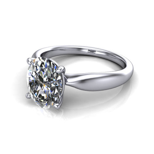 Natalie oval solitaire engagement ring in 18K White Gold on a tapered plain band, three-quarter perspective view