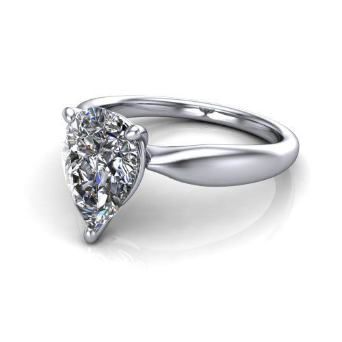 Natalie pear solitaire engagement ring in 18K White Gold on a tapered plain band, three-quarter perspective view