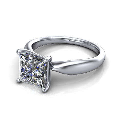 Natalie princess solitaire engagement ring in 18K White Gold on a tapered plain band, three-quarter perspective view