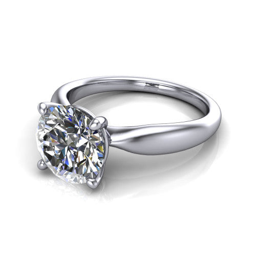 Natalie round solitaire engagement ring in 14K White Gold on a tapered plain band, three-quarter perspective view