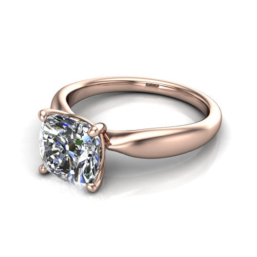Natalie cushion solitaire engagement ring in 18K Rose Gold on a tapered plain band, three-quarter perspective view