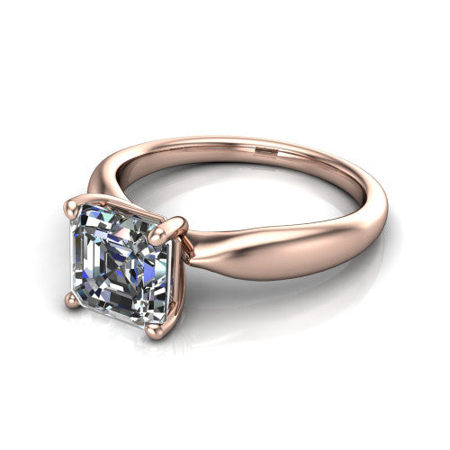 Natalie asscher solitaire engagement ring in 18K Rose Gold on a tapered plain band, three-quarter perspective view