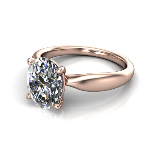 Natalie oval solitaire engagement ring in 14K Rose Gold on a tapered plain band, three-quarter perspective view