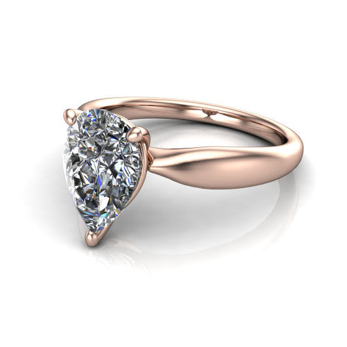 Natalie pear solitaire engagement ring in 14K Rose Gold on a tapered plain band, three-quarter perspective view