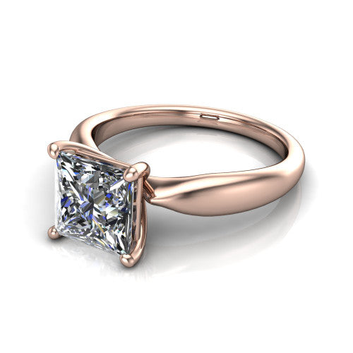 Natalie princess solitaire engagement ring in 14K Rose Gold on a tapered plain band, three-quarter perspective view