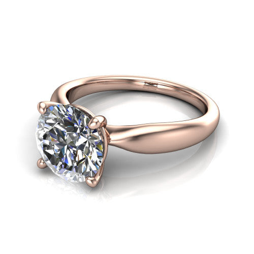 Natalie round solitaire engagement ring in 14K Rose Gold on a tapered plain band, three-quarter perspective view