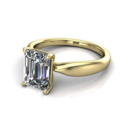 Natalie emerald solitaire engagement ring in 14K Yellow Gold on a tapered plain band, three-quarter perspective view