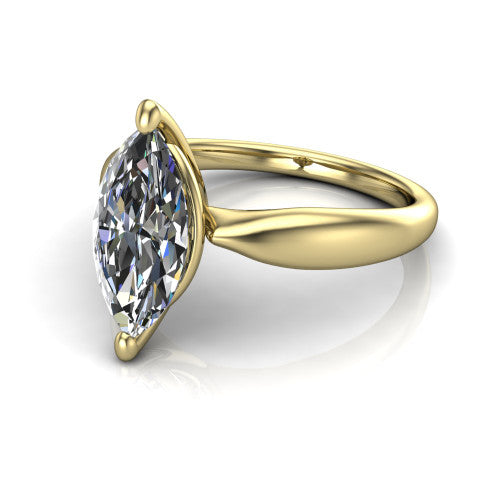 Natalie marquise solitaire engagement ring in 14K Yellow Gold on a tapered plain band, three-quarter perspective view