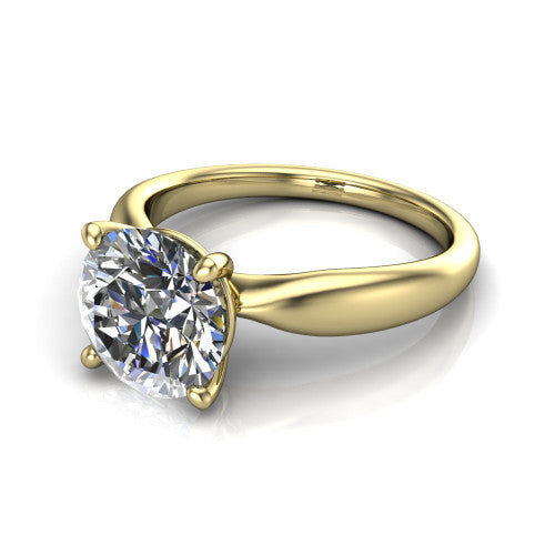 Natalie round solitaire engagement ring in 14K Yellow Gold on a tapered plain band, three-quarter perspective view