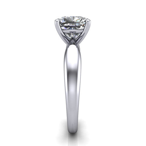 Natalie cushion solitaire engagement ring in Platinum on a tapered plain band, side profile showing the tapered plain band and bypass gallery