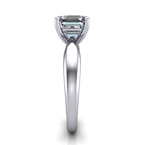 Natalie asscher solitaire engagement ring in Platinum on a tapered plain band, side profile showing the tapered plain band and bypass gallery