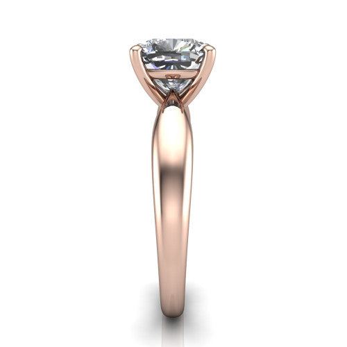 Natalie cushion solitaire engagement ring in 18K Rose Gold on a tapered plain band, side profile showing the tapered plain band and bypass gallery