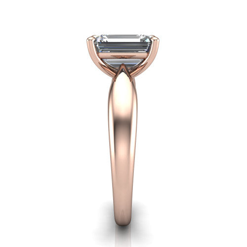 Natalie emerald solitaire engagement ring in 18K Rose Gold on a tapered plain band, side profile showing the tapered plain band and bypass gallery